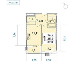 1-к квартира, на длительный срок, 37м2, 4/16 этаж