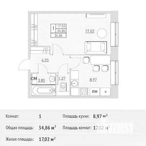 1-к квартира, на длительный срок, 35м2, 6/6 этаж