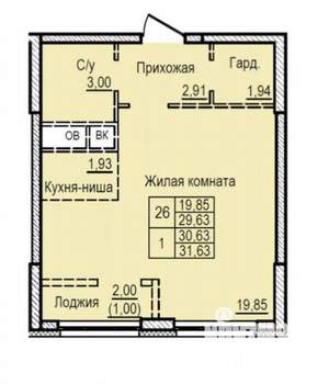 Студия квартира, на длительный срок, 31м2, 3/25 этаж
