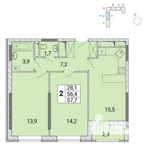 2-к квартира, строящийся дом, 58м2, 12/17 этаж