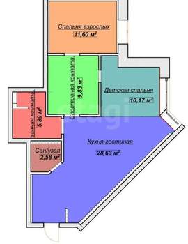 2-к квартира, вторичка, 71м2, 1/4 этаж