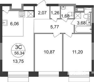 3-к квартира, строящийся дом, 56м2, 22/22 этаж