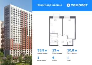 1-к квартира, вторичка, 34м2, 6/22 этаж
