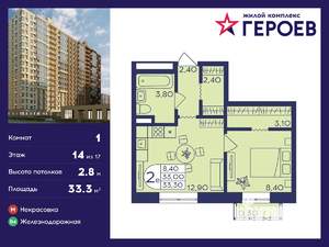 1-к квартира, вторичка, 33м2, 14/17 этаж