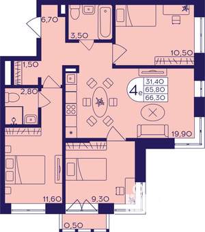 4-к квартира, строящийся дом, 66м2, 9/23 этаж