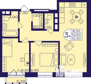 3-к квартира, строящийся дом, 53м2, 5/22 этаж
