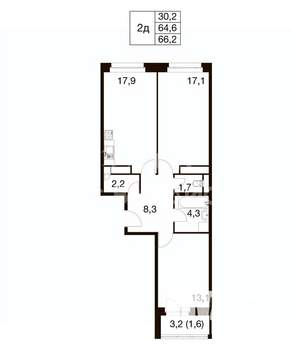 2-к квартира, сданный дом, 66м2, 9/17 этаж