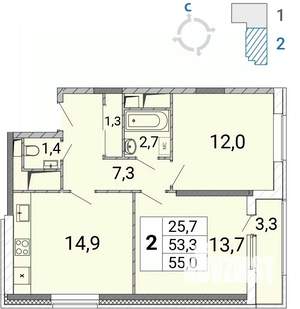 2-к квартира, сданный дом, 56м2, 3/17 этаж