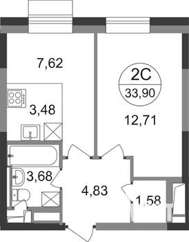 2-к квартира, строящийся дом, 34м2, 22/22 этаж