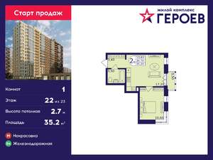 1-к квартира, вторичка, 35м2, 22/23 этаж