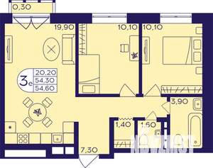 3-к квартира, строящийся дом, 55м2, 4/22 этаж