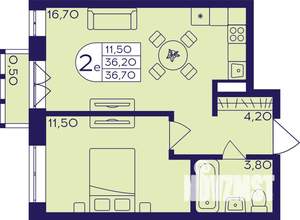 2-к квартира, строящийся дом, 37м2, 6/23 этаж