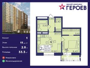 1-к квартира, вторичка, 33м2, 11/17 этаж