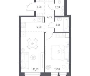 1-к квартира, вторичка, 45м2, 12/17 этаж