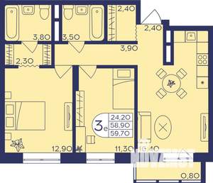 3-к квартира, строящийся дом, 60м2, 10/17 этаж