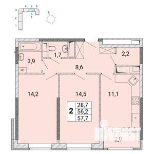2-к квартира, строящийся дом, 58м2, 12/17 этаж