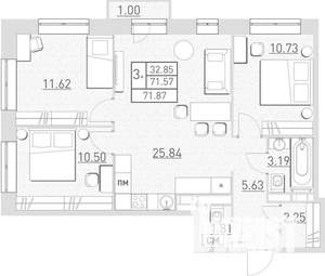 3-к квартира, вторичка, 71м2, 3/6 этаж