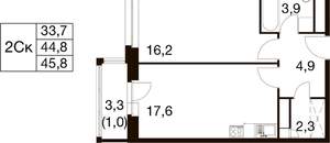 1-к квартира, вторичка, 46м2, 4/17 этаж