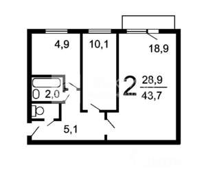 2-к квартира, вторичка, 44м2, 5/5 этаж