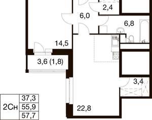 2-к квартира, вторичка, 58м2, 14/17 этаж
