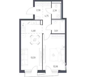 1-к квартира, вторичка, 44м2, 2/17 этаж