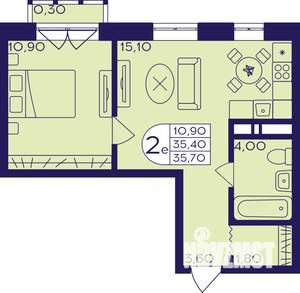 2-к квартира, строящийся дом, 36м2, 5/22 этаж