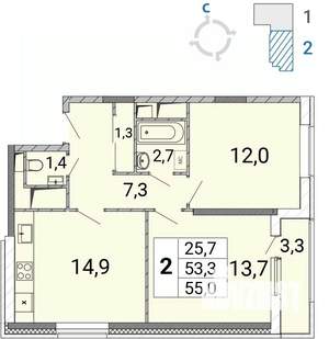 2-к квартира, сданный дом, 55м2, 6/17 этаж