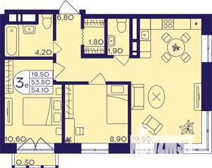 3-к квартира, строящийся дом, 54м2, 4/22 этаж
