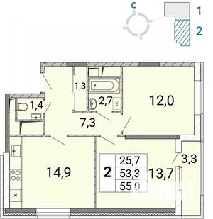 2-к квартира, сданный дом, 55м2, 4/17 этаж