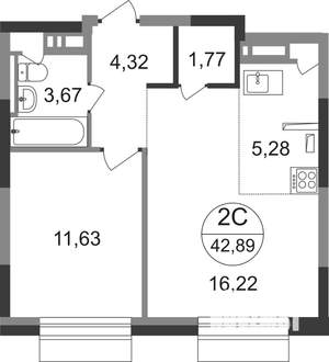 2-к квартира, строящийся дом, 43м2, 19/22 этаж