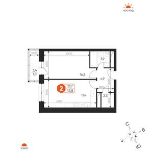 2-к квартира, строящийся дом, 46м2, 6/17 этаж