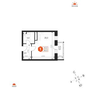 1-к квартира, строящийся дом, 30м2, 6/17 этаж
