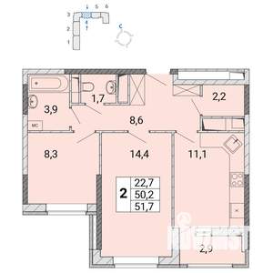 2-к квартира, строящийся дом, 52м2, 12/17 этаж