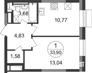 1-к квартира, строящийся дом, 34м2, 17/22 этаж