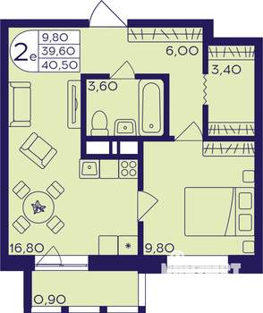 2-к квартира, строящийся дом, 41м2, 13/22 этаж
