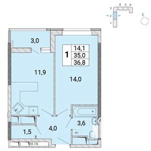 1-к квартира, строящийся дом, 36м2, 16/17 этаж