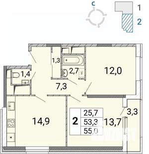 2-к квартира, сданный дом, 55м2, 13/17 этаж