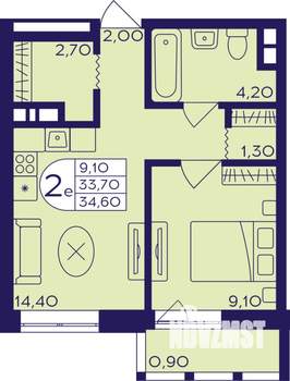 2-к квартира, строящийся дом, 35м2, 6/22 этаж