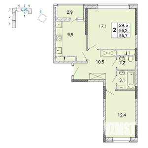 2-к квартира, строящийся дом, 57м2, 11/17 этаж