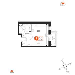 1-к квартира, строящийся дом, 30м2, 3/17 этаж