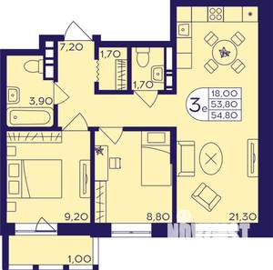 3-к квартира, строящийся дом, 55м2, 12/17 этаж