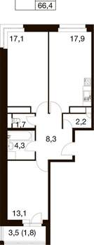 3-к квартира, вторичка, 66м2, 7/17 этаж