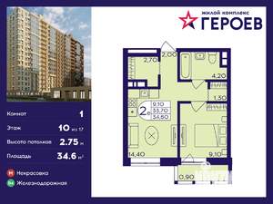 1-к квартира, вторичка, 35м2, 10/17 этаж