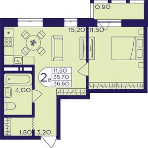 2-к квартира, строящийся дом, 37м2, 6/22 этаж