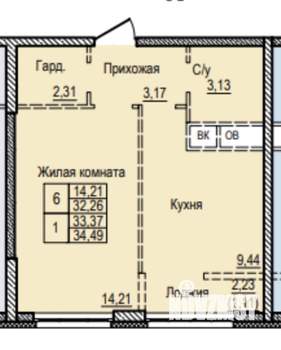 1-к квартира, вторичка, 34м2, 1/9 этаж