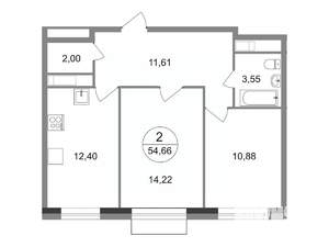 2-к квартира, строящийся дом, 55м2, 19/22 этаж