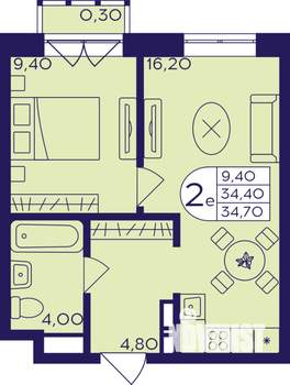 2-к квартира, строящийся дом, 35м2, 5/17 этаж