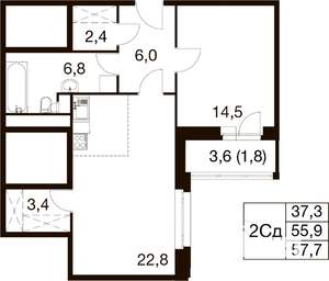2-к квартира, вторичка, 58м2, 3/18 этаж