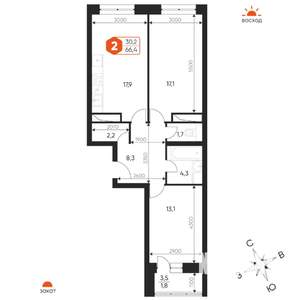 3-к квартира, строящийся дом, 66м2, 10/17 этаж
