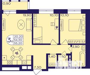 3-к квартира, строящийся дом, 55м2, 8/22 этаж